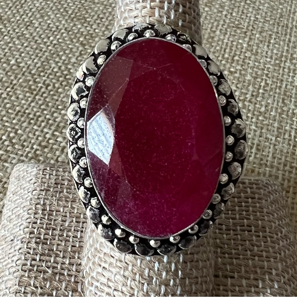 Enhanced Faceted Ruby Silver Overlay Ring Size 8 - image 1